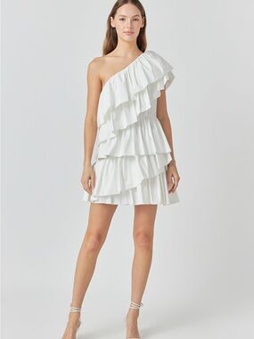 Endless Rose One-Shoulder White Ruffle Tiered Mini Dress